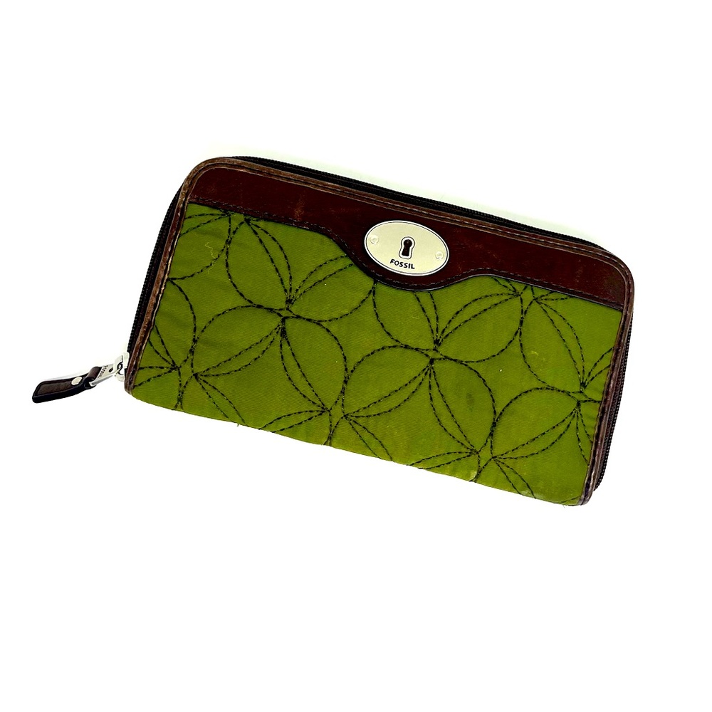FOSSIL Quilted Olive and Brown Leather Zip Around Wallet